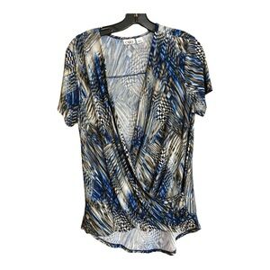 Cato wrap blouse poly spandex blue brown white short sleeve, checked str…